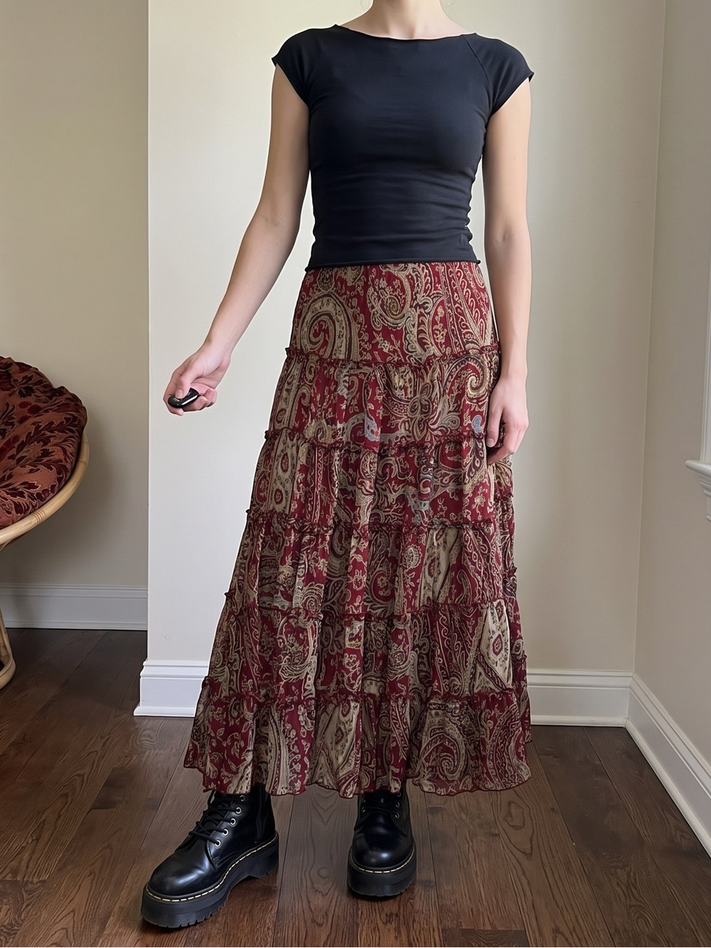 vintage fairy grunge witchy whimsigoth paisley burgundy tiered flowy midi skirt